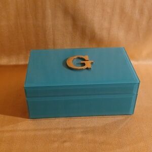 Blue Glass Jewelry/Trinket Box Gold Tone Monogram 'G' Un-used
